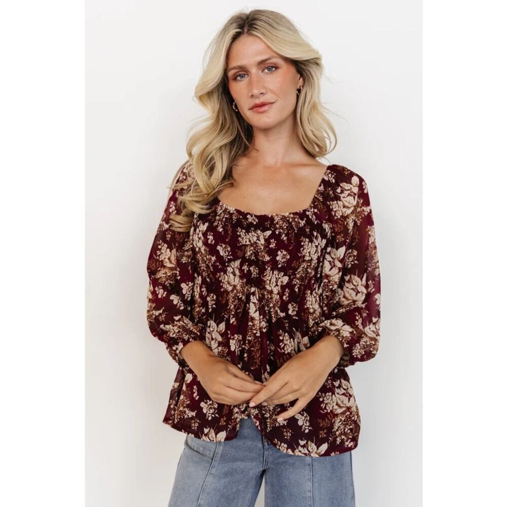 Baltic Born Burgundy Floral Fenna Smocked Puff Sleeve Square Neck Boho Top L